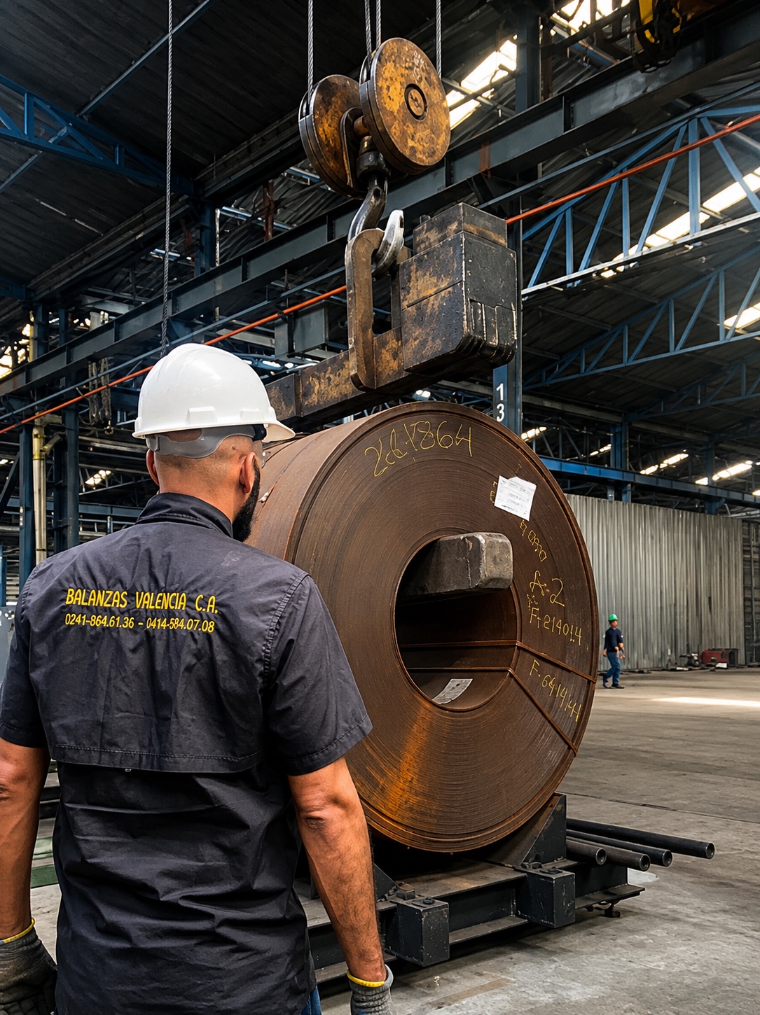 Bobina industrial en una planta junto a una estructura de apoyo para pesaje